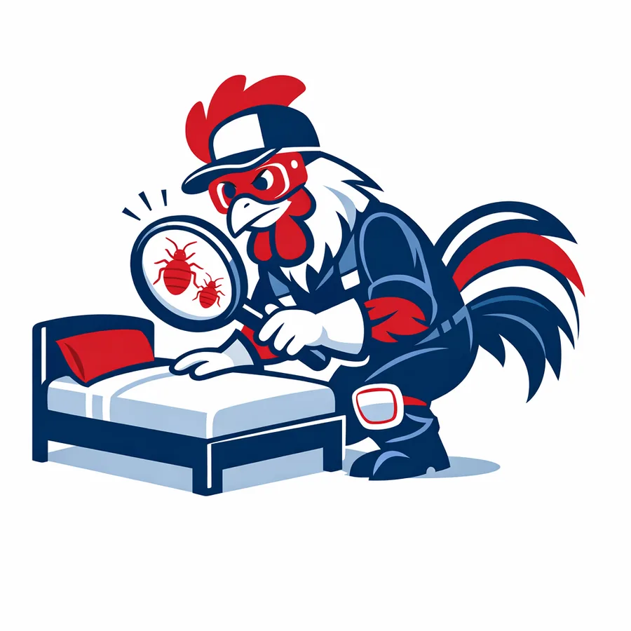 Mascotte coq de Tricolore Nuisibles inspectant un lit à la loupe à la recherche de punaises de lit