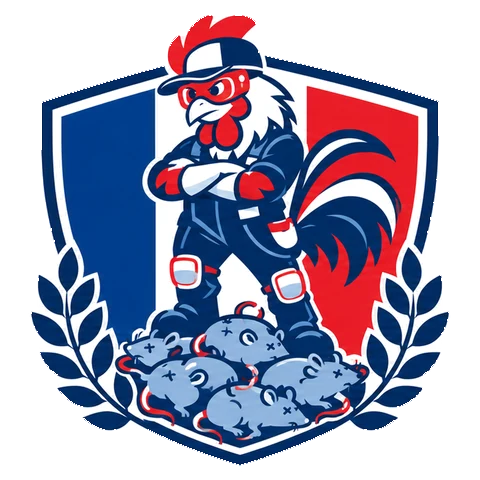 Écusson expérience de Tricolore Nuisibles : coq gaulois dressé sur des rats, blason tricolore et épis de blé