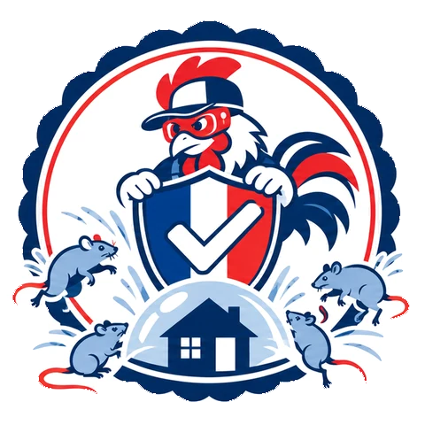 Écusson garantie de Tricolore Nuisibles : coq musclé et bouclier tricolore protégeant une maison des rongeurs