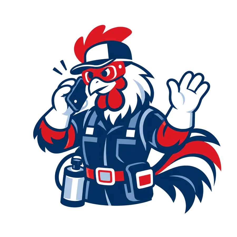 Mascotte coq de Tricolore Nuisibles au téléphone, saluant de la main