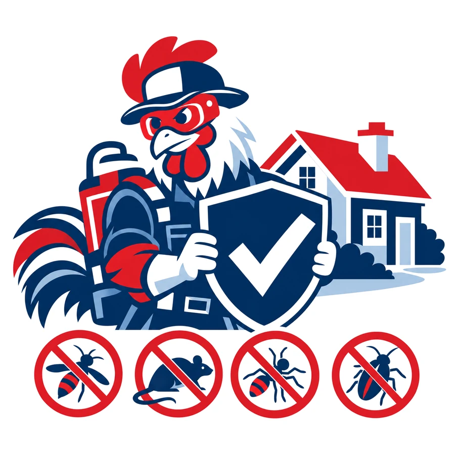 Mascotte coq de Tricolore Nuisibles brandissant un bouclier devant une maison, au-dessus de pictogrammes de nuisibles barrés