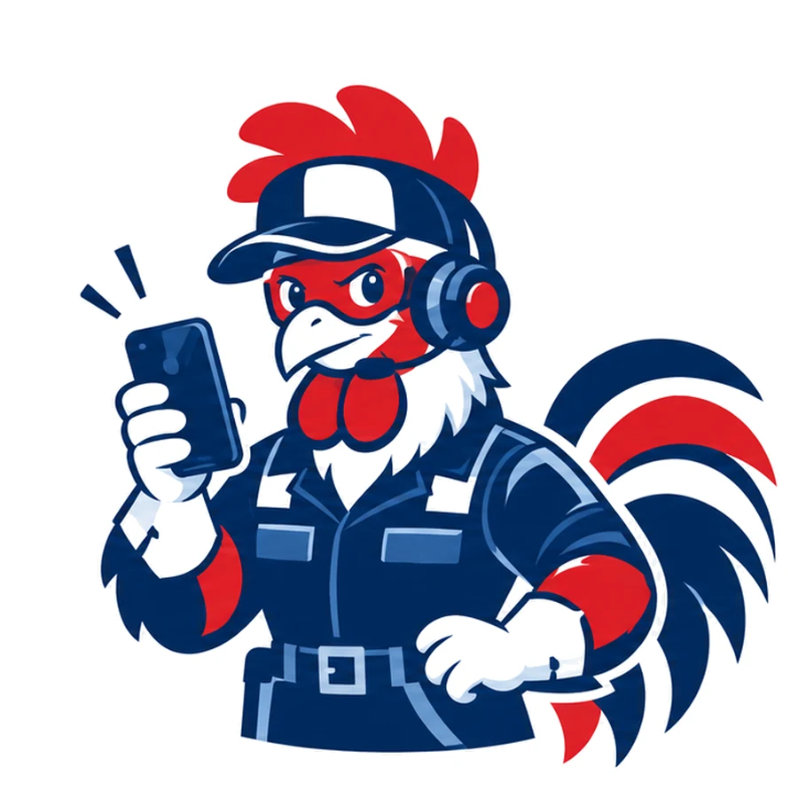 Mascotte coq de Tricolore Nuisibles équipée d’un casque-micro, téléphone en main