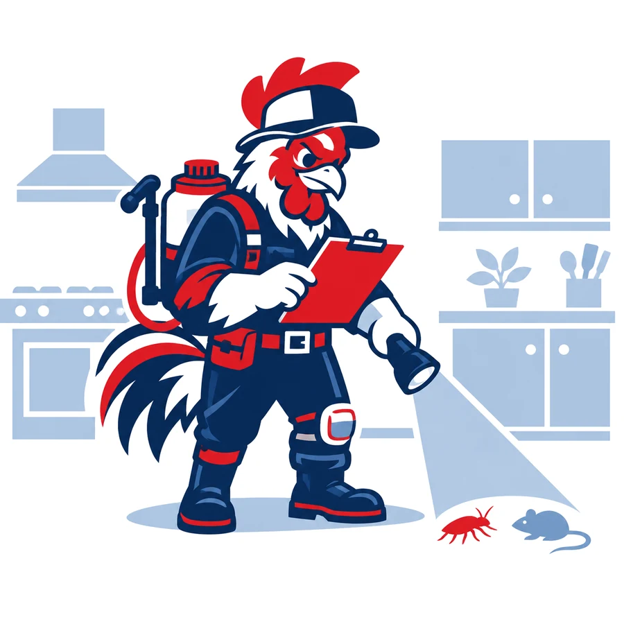Mascotte coq de Tricolore Nuisibles inspectant une cuisine à la lampe torche, bloc-notes en main