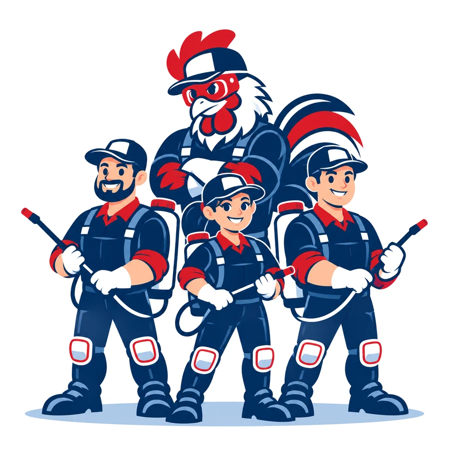 Illustration de trois techniciens en tenue bleu, blanc, rouge, équipés de pulvérisateurs, aux côtés de la mascotte coq