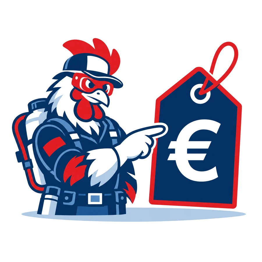 Mascotte coq de Tricolore Nuisibles désignant une étiquette de prix en euros