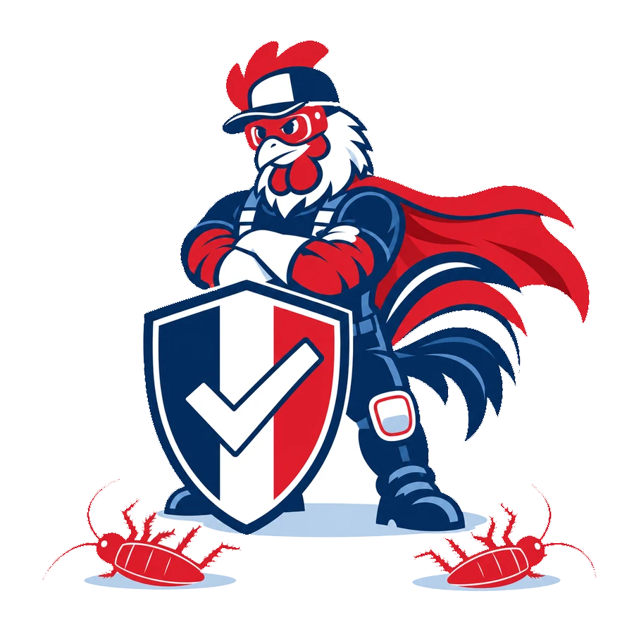 Mascotte coq de Tricolore Nuisibles avec cape et bouclier tricolore, cafards vaincus à ses pieds