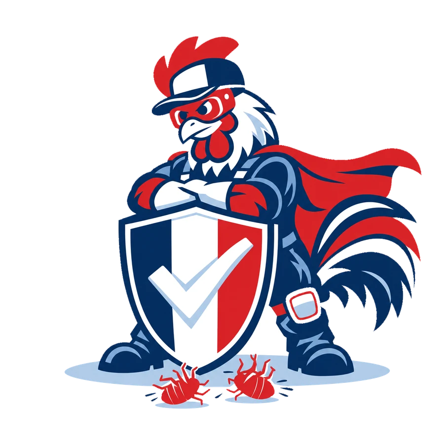 Mascotte coq de Tricolore Nuisibles appuyé sur un bouclier tricolore, des punaises de lit à ses pieds