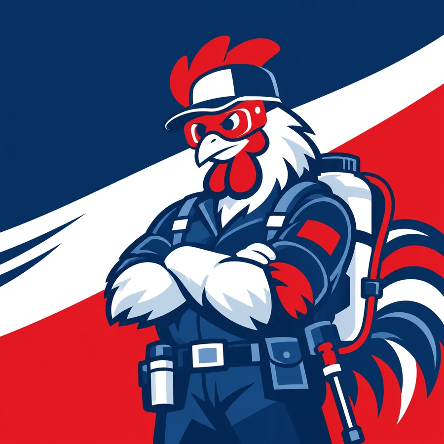 Mascotte coq de Tricolore Nuisibles en tenue d’intervention, bras croisés, pulvérisateur sur le dos