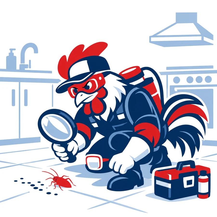 Mascotte coq de Tricolore Nuisibles examinant à la loupe un cafard et ses traces sur le sol d’une cuisine