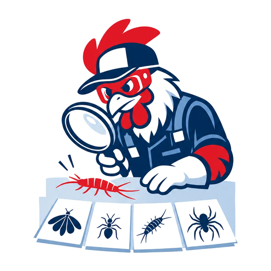 Mascotte coq de Tricolore Nuisibles examinant des poissons d’argent à la loupe, devant des fiches de mites, de fourmis et d’araignées