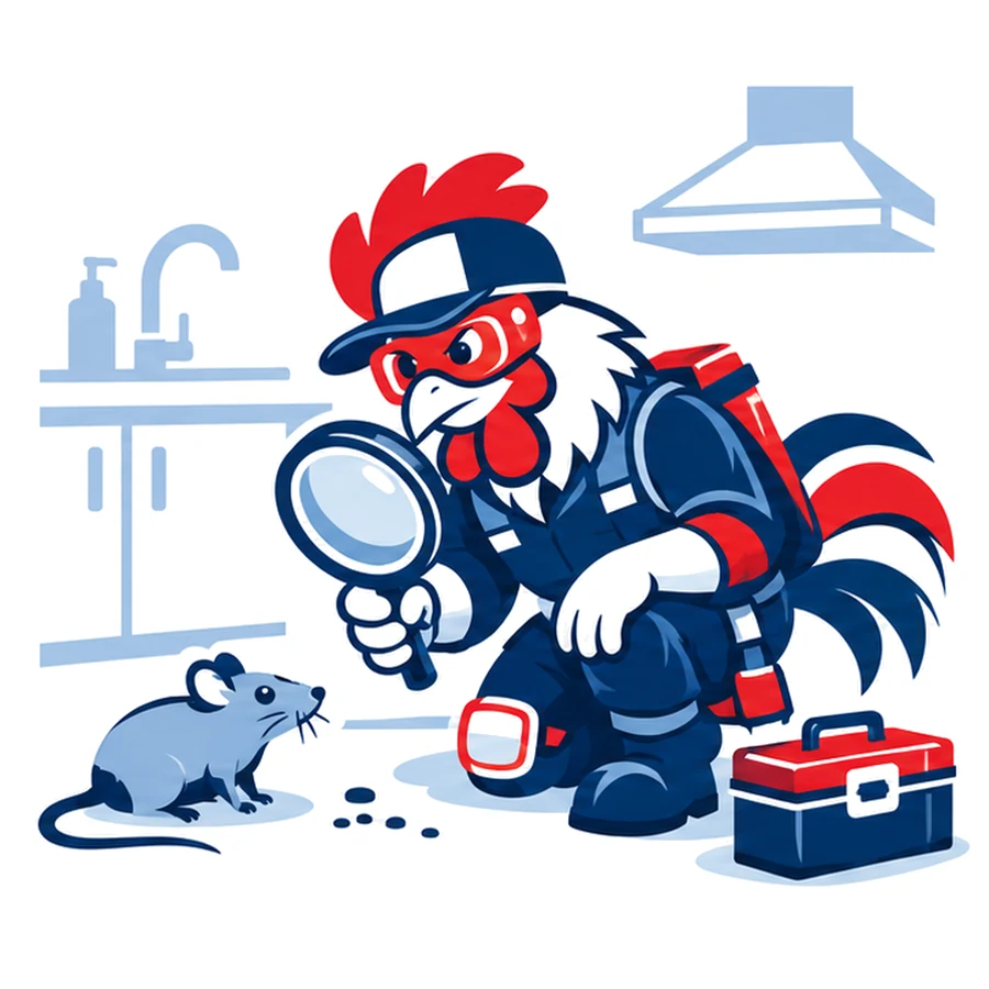 Mascotte coq de Tricolore Nuisibles observant un rat à la loupe