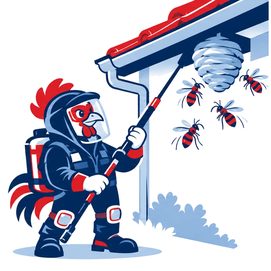 Mascotte coq de Tricolore Nuisibles en tenue de protection, masque et gants, devant un nid de guêpes sous une toiture