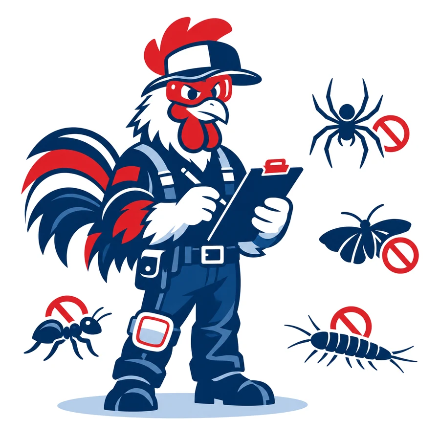 Mascotte coq de Tricolore Nuisibles prenant des notes devant une araignée, une mite, des fourmis et des poissons d’argent