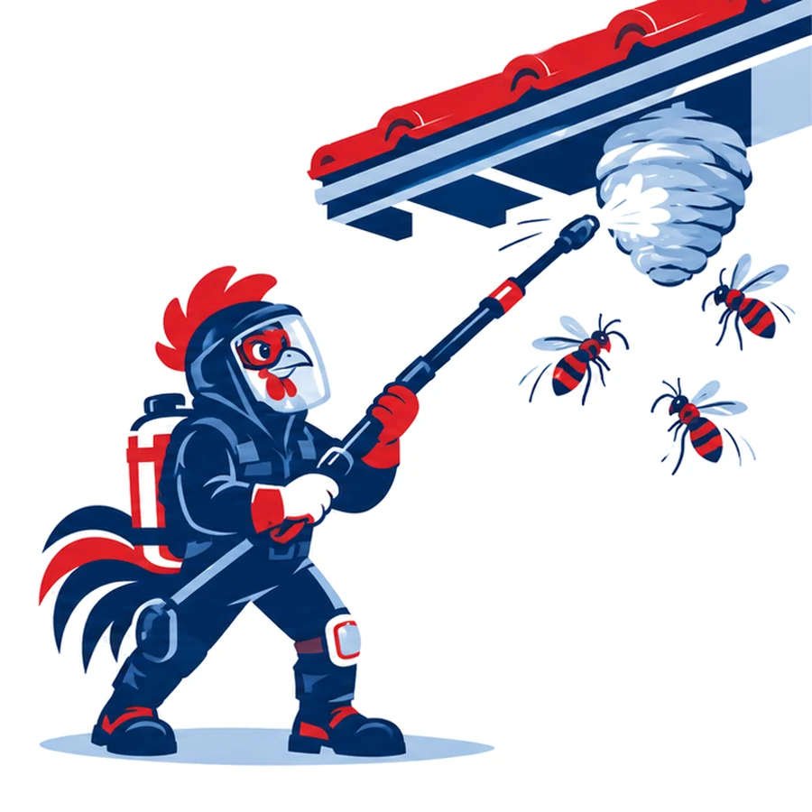 Mascotte coq de Tricolore Nuisibles en combinaison de protection, traitant à la perche télescopique un nid de guêpes sous une toiture