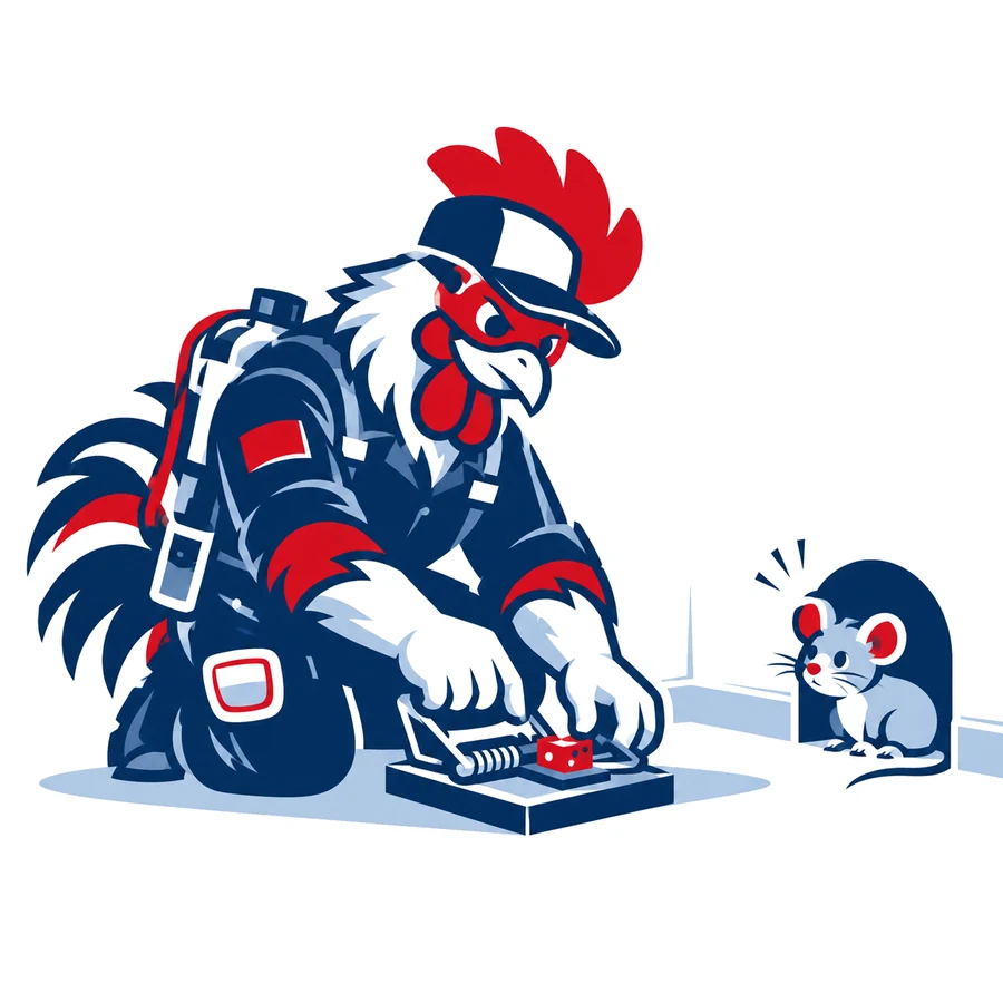 Mascotte coq de Tricolore Nuisibles posant un piège à souris