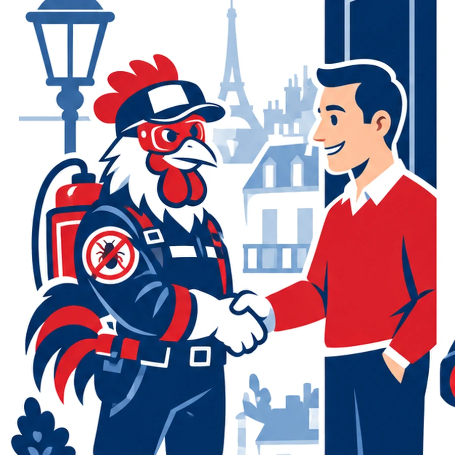 Mascotte coq de Tricolore Nuisibles serrant la main d’un client sur le pas de sa porte