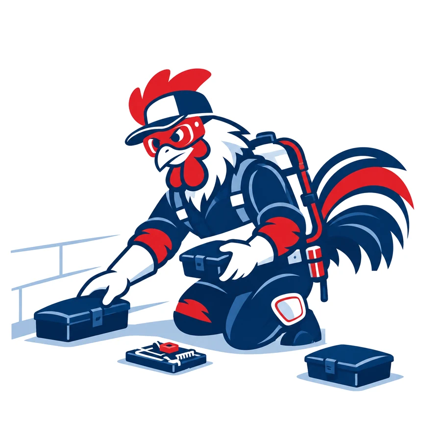 Mascotte coq de Tricolore Nuisibles installant des postes d’appâtage et un piège au pied d’un mur