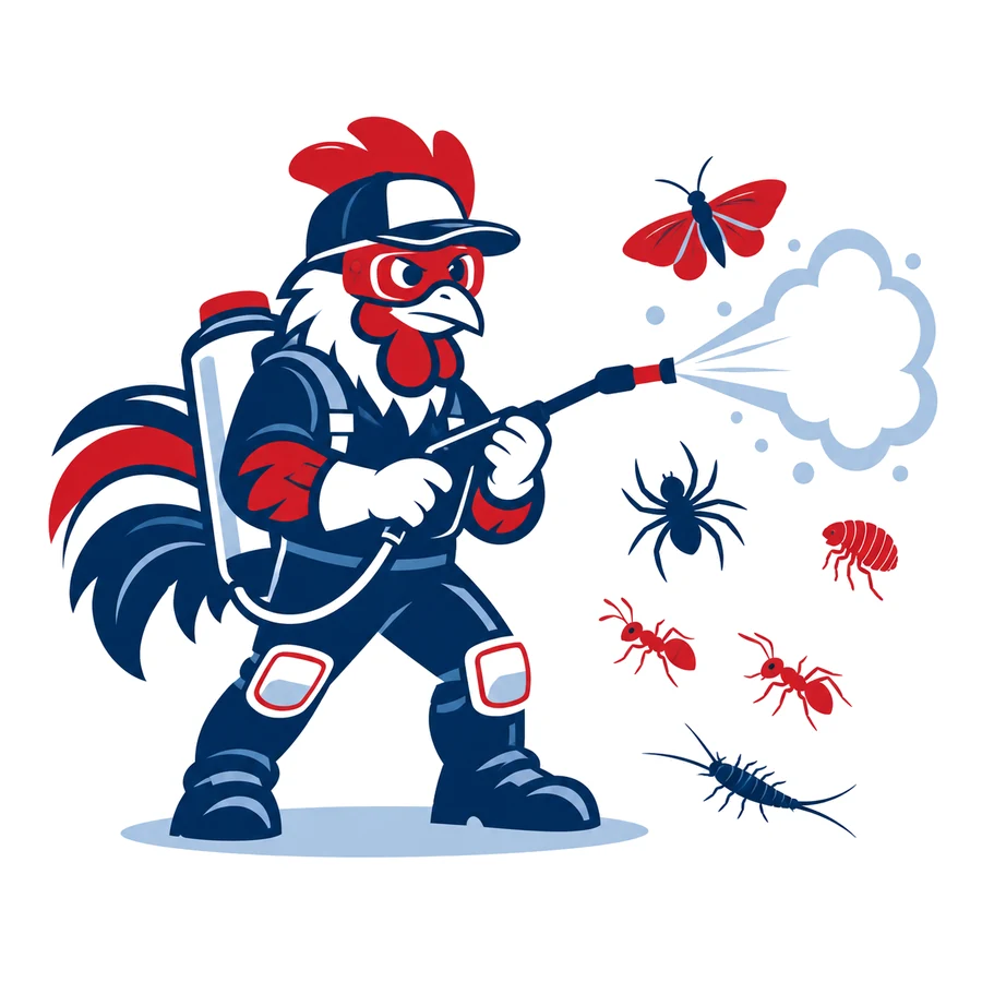 Mascotte coq de Tricolore Nuisibles pulvérisant un traitement, entourée d’une araignée, d’une mite, de fourmis, d’un poisson d’argent et d’une puce
