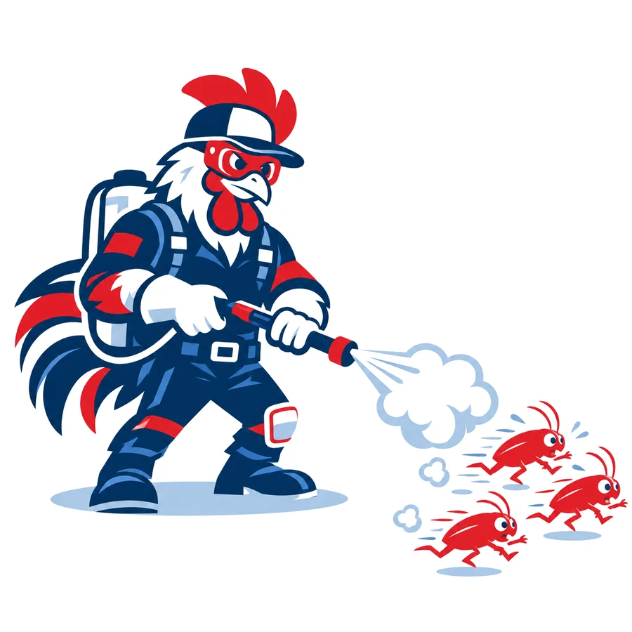 Mascotte coq de Tricolore Nuisibles pulvérisant un traitement contre des cafards
