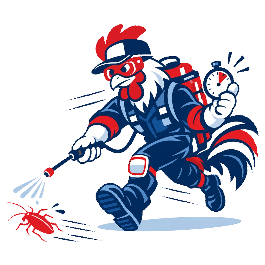 Mascotte coq de Tricolore Nuisibles, chronomètre en main, pulvérisant un traitement sur un cafard