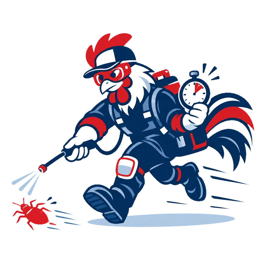 Mascotte coq de Tricolore Nuisibles, chronomètre en main, poursuivant une punaise de lit