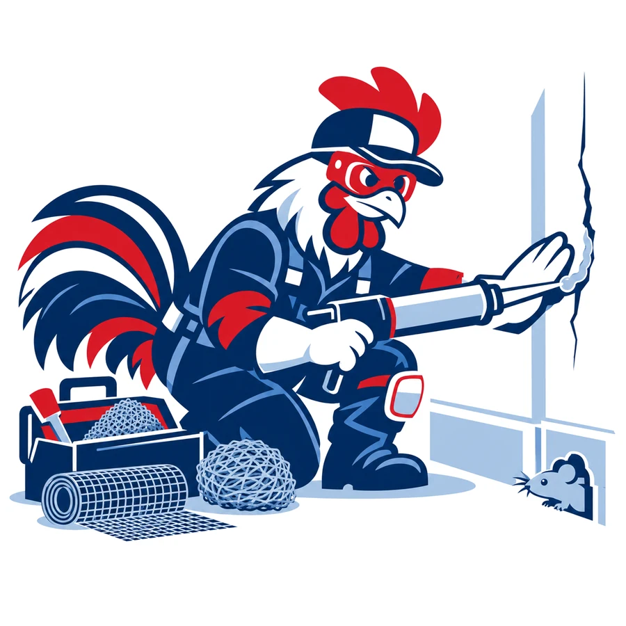 Mascotte coq de Tricolore Nuisibles rebouchant une fissure au pistolet à mastic, près d’un trou de souris