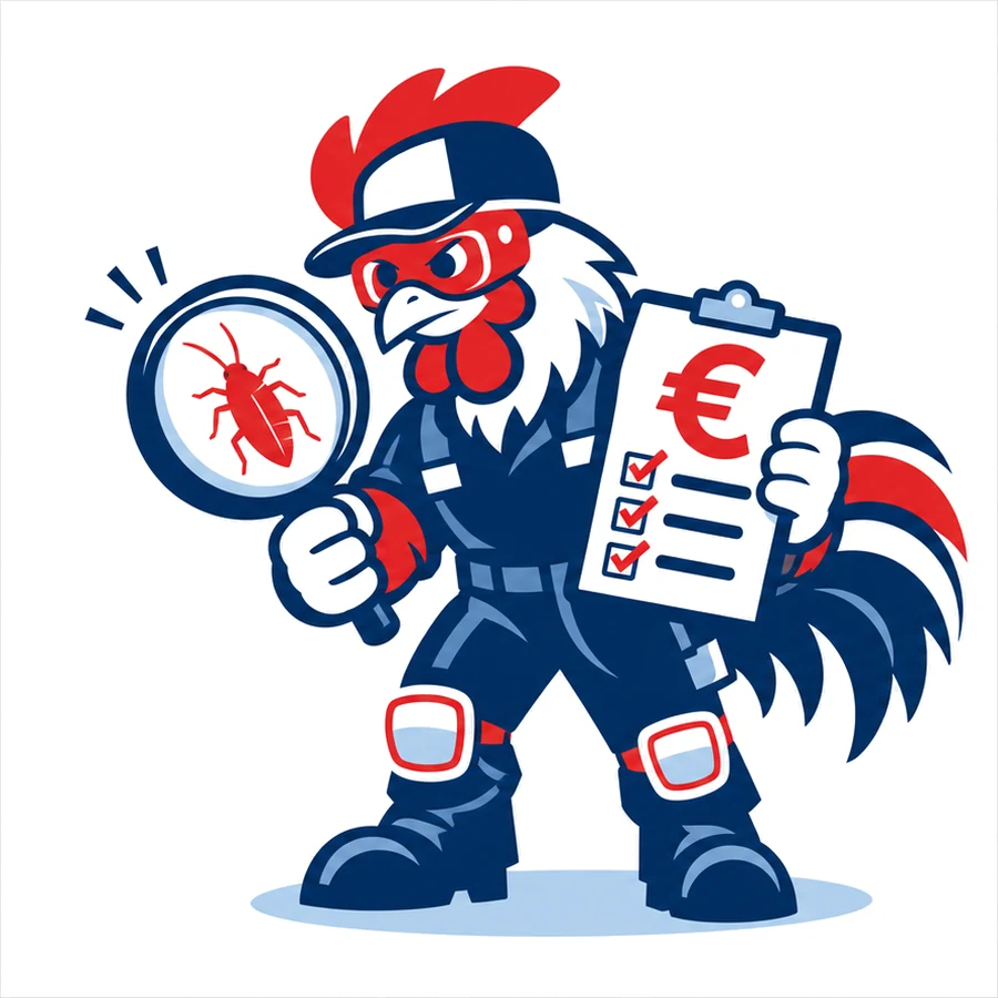 Mascotte coq de Tricolore Nuisibles tenant une loupe sur un cafard et un devis en euros