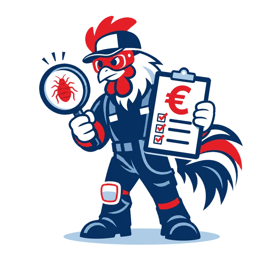 Mascotte coq de Tricolore Nuisibles tenant une loupe sur une punaise de lit et un devis en euros