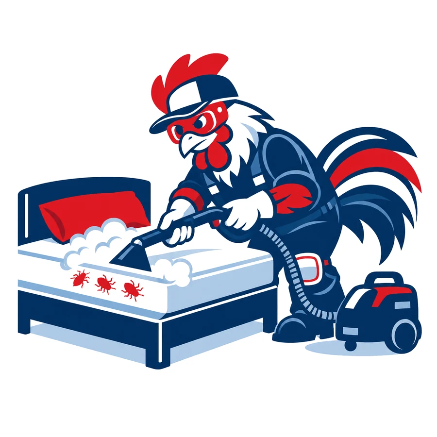 Mascotte coq de Tricolore Nuisibles traitant un matelas à la vapeur sèche