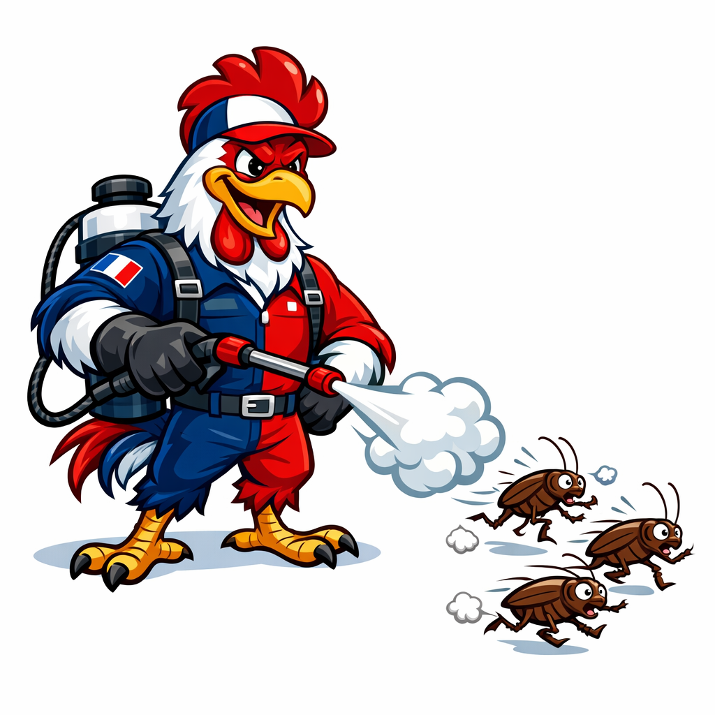 Illustration mascotte coq gaulois - traitement anti-cafards Tricolore Nuisibles