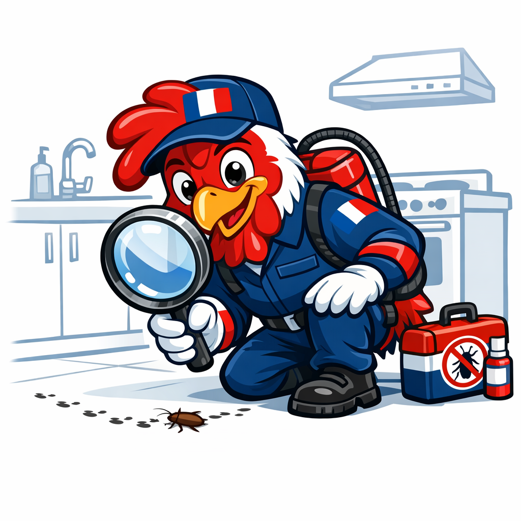 Illustration inspection anti-cafards par le coq gaulois Tricolore Nuisibles