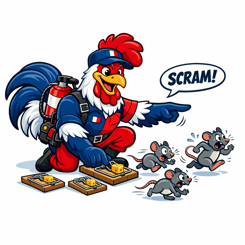 Illustration mascotte coq gaulois - désourisation Tricolore Nuisibles