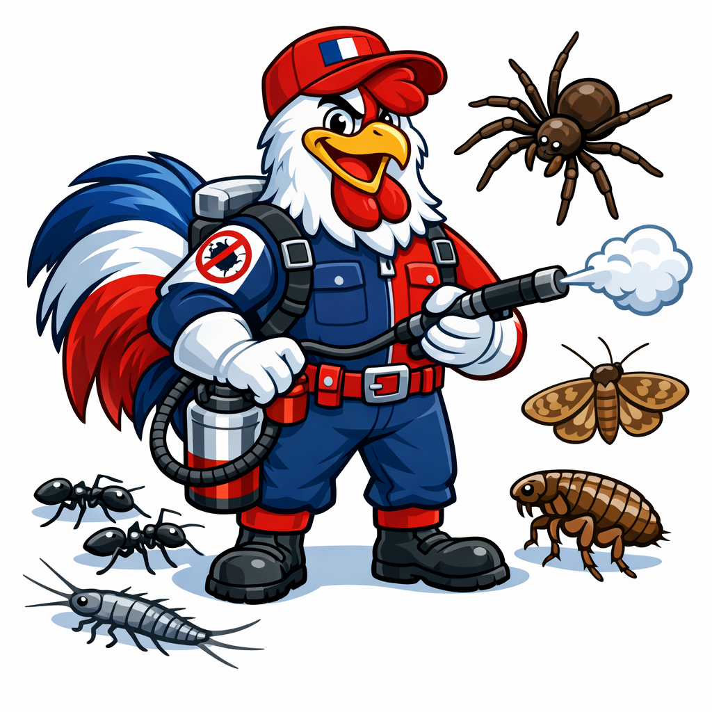 Illustration mascotte coq gaulois - traitement tous nuisibles Tricolore Nuisibles